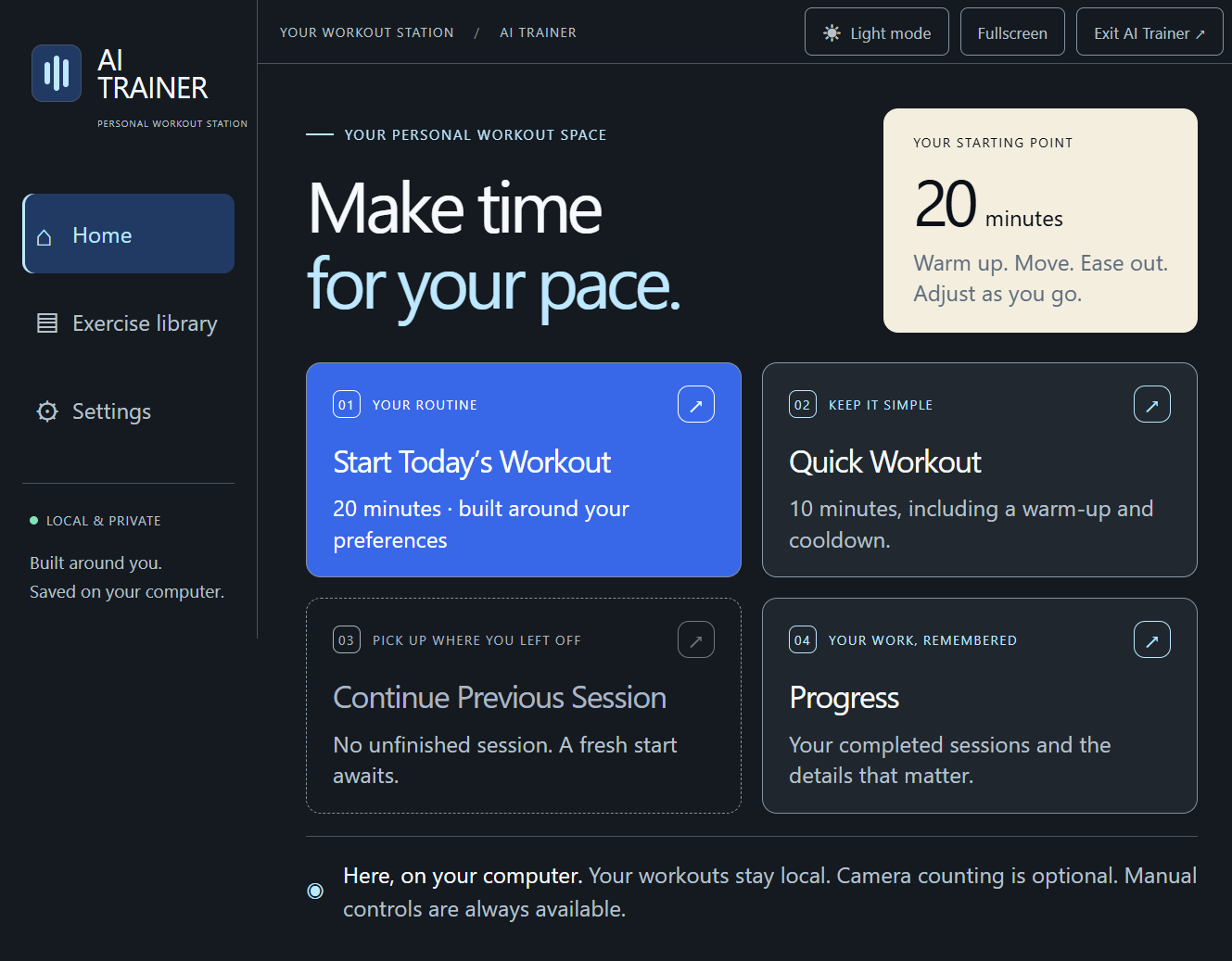 AI Trainer home screen showing personalized and quick workout choices